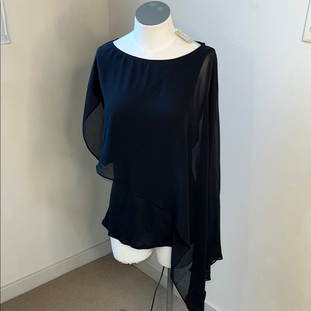 NWT Haute Hippie Stylish Asymmetric Overlay TanK Blouse Black Sheer Small